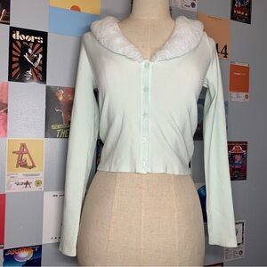 Fur Collar Cropped Mint Green Cardigan from Sunday Best from Aritzia